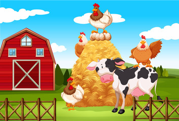 Naklejka premium Farm scene with farm animals on the farm