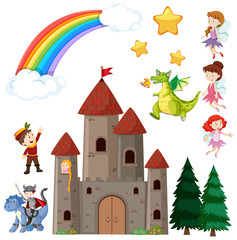 Set of children is fairy tale castle and dragon with rainbow in the sky