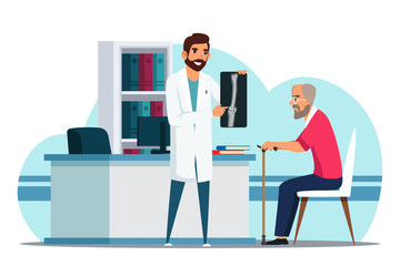 Vector character doctor traumatologist shows x-ray