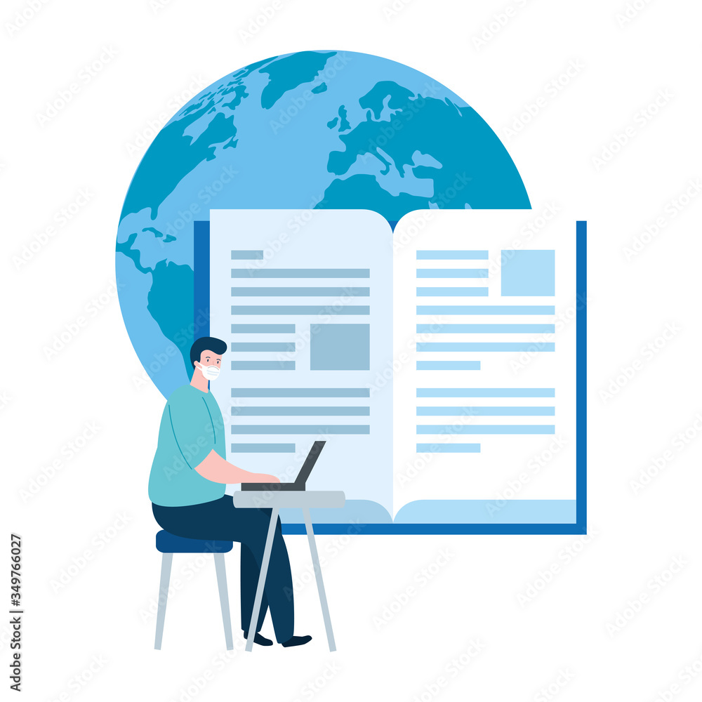 Poster man using face mask studying online vector illustration design