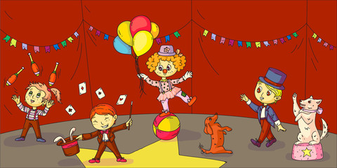 Children character performing on circus arena