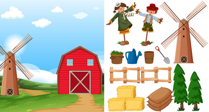 Farm scene with barn and farming items on white background