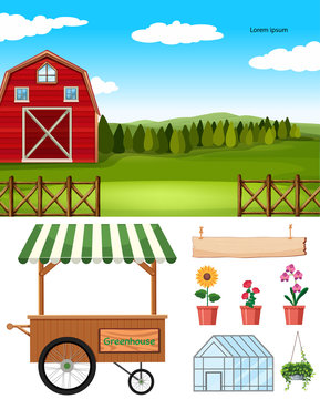 Farm scene with barn on the farm and other farm items