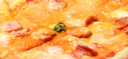 melted pizza cheese with tomato and frankfurters