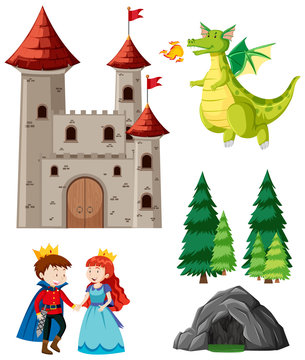 Fairytale set with dragon and princess on white background