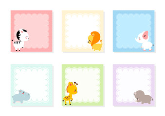 Kids notebook page templates. Cute memo pads decorated with african animals. Can be used for scrapbooking, bullet journals, gift tags, cards and invitations. Vector 10 ESP.