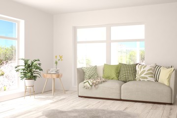 White living room with sofa. Scandinavian interior design. 3D illustration