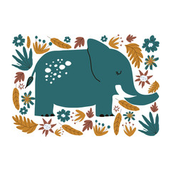 Cute Elephant Walking in Jungle Among Foliage Hand Drawn Vector Illustration