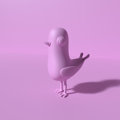Abstract poster with pink bird character with shadow. 3D rendering objects shape. Minimal monochrome style