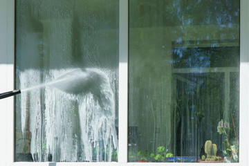 Windows cleaning. Windows in soapy foam. Cacti and orchids are visible in the window