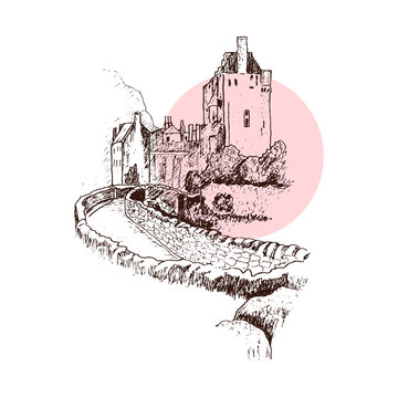 Scottish Castle with Towers and Stone Walls Vector Illustration