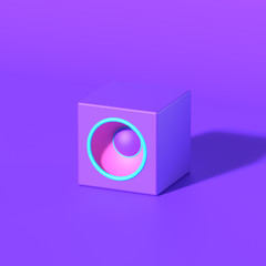 Abstract poster with purple and violet geometric speaker sound system. 3D rendering objects shape. Minimal poster style.