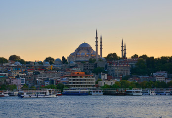 Naklejka premium Suleymaniye Mosque at dusk. This Ottoman imperial mosque, located on the Third Hill of Istanbul, was built in 1557 and is the second largest mosque in Istanbul as well as being the largest Ottoman era