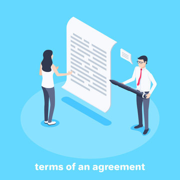 isometric vector image on a blue background, a woman reads a contract and a man in a tie and glasses gives her a pen for signature, terms of an agreement