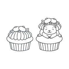 Cupcake and kitten. Cute illustration of a blueberry cupcake and a little white kitten sitting on a cupcake. Objects isolated on white. Vector 8 EPS.