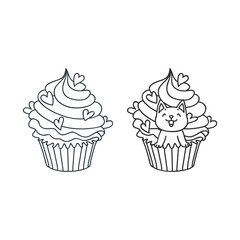 Cupcake and kitten. Cute illustration of a creamy cupcake decorated with hearts and a little white kitten sitting in a cupcake. Objects isolated on white. Vector 8 EPS.