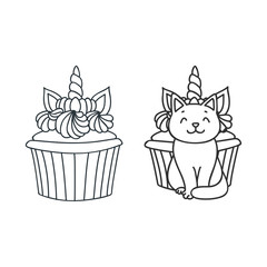 Cupcake and kitten. Cute illustration of a cupcake decorated with a unicorn horn and a little white kitten sitting in front of a cupcake. Objects isolated on white. Vector 8 EPS.