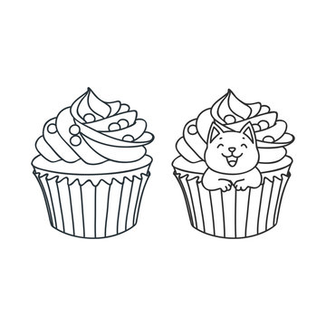 Cupcake and kitten. Cute illustration of a cremy cupcake and a little white kitten sitting in a cupcake. Objects isolated on white. Vector 8 EPS.