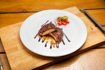 Roast beef, fried meat, meat dish with vegetables for lunch in a restaurant