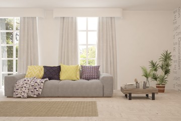 White living room with sofa. Scandinavian interior design. 3D illustration