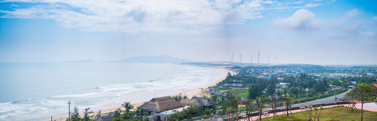 Trung Luong fishermen village on turquoise water coastline, awesome bay near Quy Nhon, Vietnam central coast travel destination, expansive view
