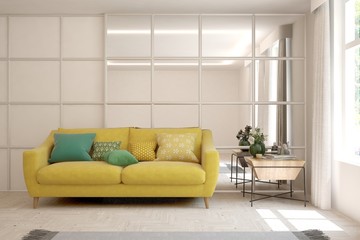 White living room with yellow sofa and green pillows. Scandinavian interior design. 3D illustration