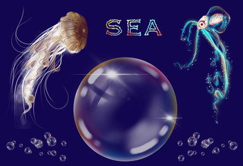 Set with sea animals. Jellyfish, deep sea octopus, large air bubble and a set of small bubbles. Manual digital the drawing