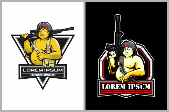 fat man cartoon character with rifle vector logo