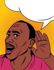 Color vector illustration in pop art style. A dark-skinned man with a surprised face. African American man in shock. Emotional male face. Male with open mouth and speech bubble.