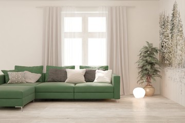 Fototapeta premium White living room with sofa. Scandinavian interior design. 3D illustration