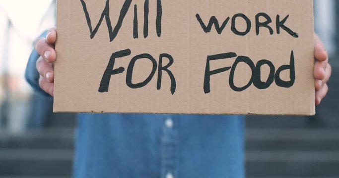 Close up of carton poster with words Will work for food in male hands outdoor. Caucasian workless man holding table with unemployment slogan.