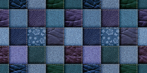 seamless leather and jeans patchwork background - obrazy, fototapety, plakaty