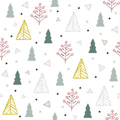 Neutral scandi floral blooms ant tree seamless vector background pattern. Stylized paper cut out doodle texture