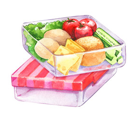 Lunch box plastic container glass cover lunch food cooking vegetables healthy nutrition eggs cheese bread tomato potato cucumber watercolor isolated