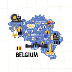Belgium map flat hand drawn vector illustration. Names lettering and cartoon landmarks, tourist attractions cliparts. Brussels travel, trip comic infographic poster, banner concept design