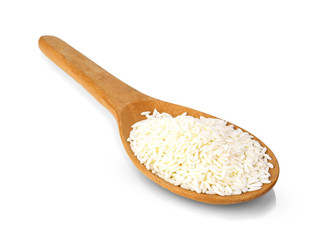 Glutinous rice in wooden spoon on white background