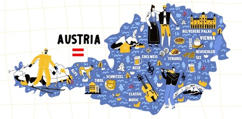 Austria map flat hand drawn vector illustration flag. Names lettering and cartoon landmarks, tourist attractions cliparts. Vienna travel, trip comic infographic poster, banner concept design