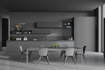 Gray kitchen interior with table