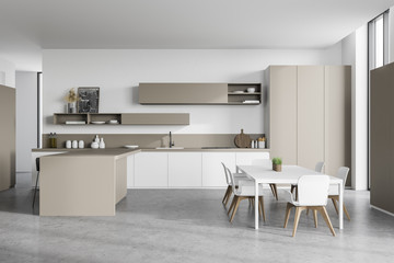 White and beige kitchen, bar and table, side view