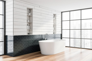 Naklejka na ściany i meble Wooden and gray brick bathroom corner with tub