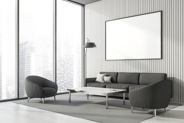 Panoramic white lounge corner, poster and sofa