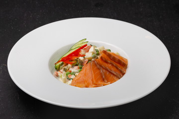 Vegetable and meat salad, classic salad for lunch in a restaurant