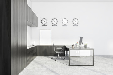 White and wooden CEO office with clocks and poster