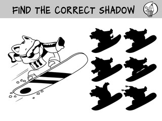 Winter sport. Snowboarder cat jumping. Find the correct shadow. Educational matching game for children. Black and white cartoon vector illustration