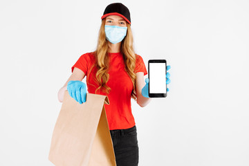 Happy courier with a phone. I look at the camera. isolated white background