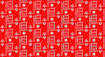 White block design text of Christmas and New Year 2021 words with Xmas trees and stars in a repeating seamless pattern isolated on a red background