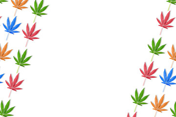 Colorful leaves of hemp or cannabis diagonal pattern on white background.