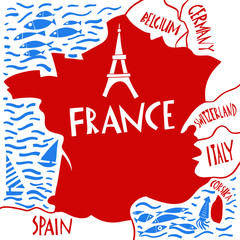 Vector hand drawn stylized map of France. Travel illustration with water and neighboring countries. Geography illustrations