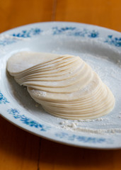 Stack of dumpling skin closeup
