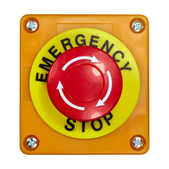 Roter Taster in einem gelben Gehäuse mit der Aufschrift EMERGENCY STOP.